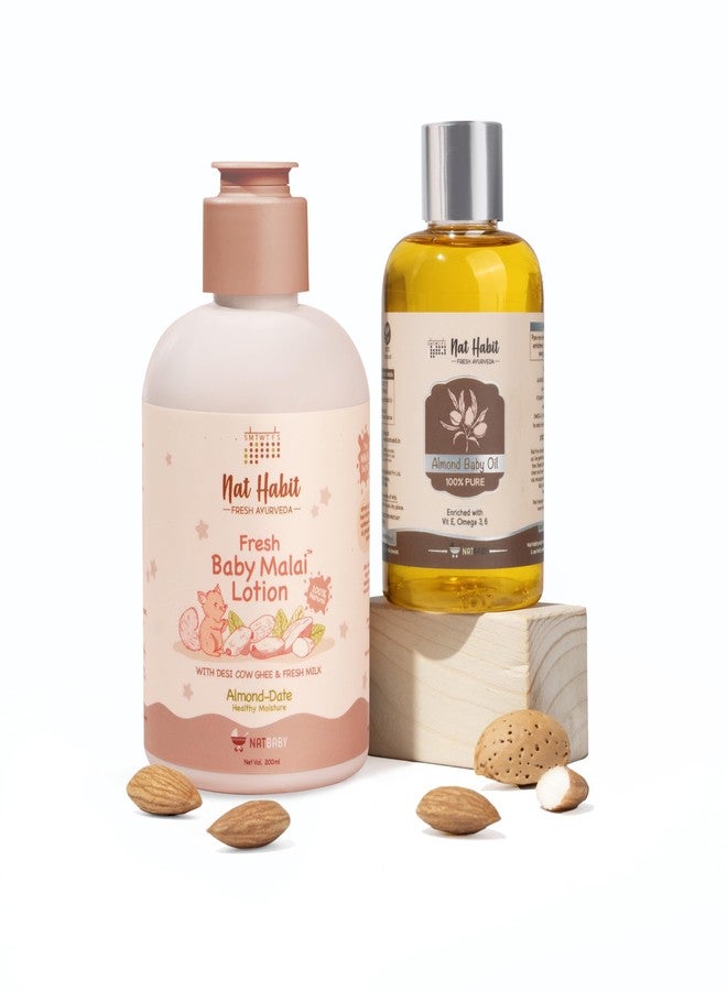 Nat Habit Baby Malai Lotion Almond- Date & Pure Almond Baby Oil Combo for Body Lotion & Moisturizer for Deep Nourishment & Skin Barrier Protection - Image 1