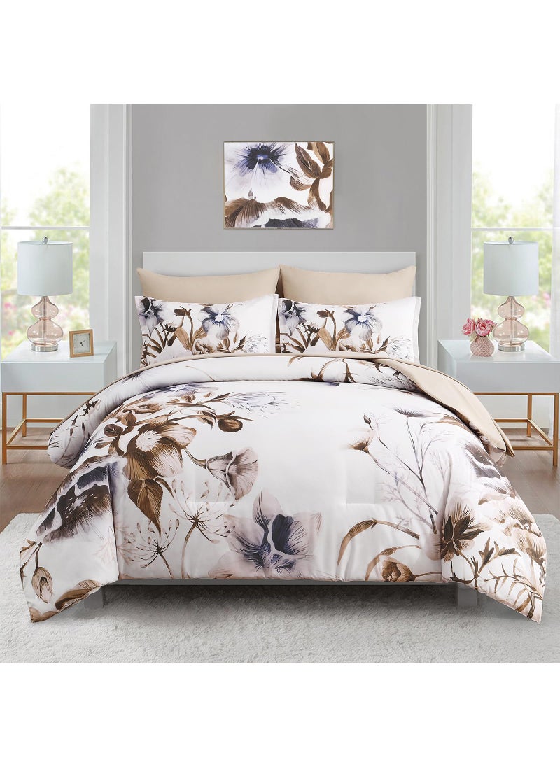 Luxudecor Luxudecor Floral Comforter Set King Size 7 Piece  Beige Flower Bed in a Bag  Elegant Comforter Bedding Set for All Season (Beige  104""x90"")  - Image 1