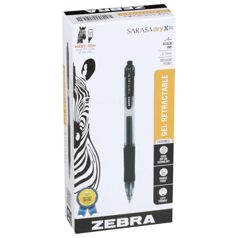 Zebra Pen Sarasa Dry X20 Retractable Gel Pens, 0.7mm Medium Point, Black Ink with Rapid Fast Dry Ink Technology, Ideal for the Left Handed, Elimates Smudging and Smearing in Seconds, 12-Pack (46810) - Image 1