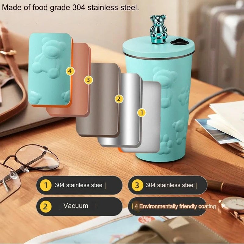 Vasukie 600ML Stainless Steel Tumbler Hot and Cold with Lid Straw Double Insulated Cup Leak Proof Mug Fits in Car Cupholder for Gym Travelling Bear Blue - Image 5