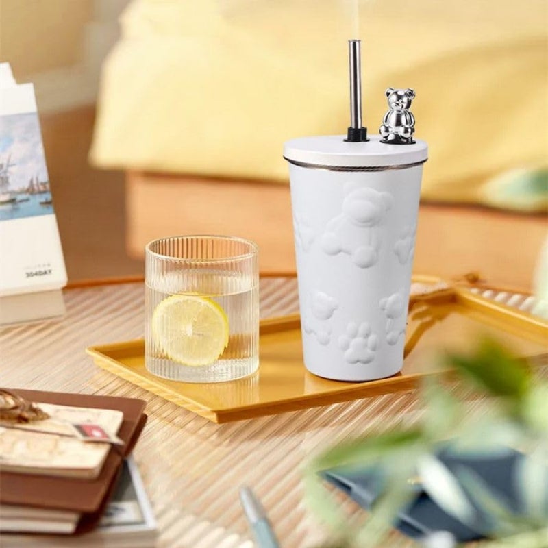 Vasukie 600ML Stainless Steel Tumbler Hot and Cold with Lid Straw Double Insulated Cup Leak Proof Mug Fits in Car Cupholder for Gym Travelling Bear Blue - Image 4