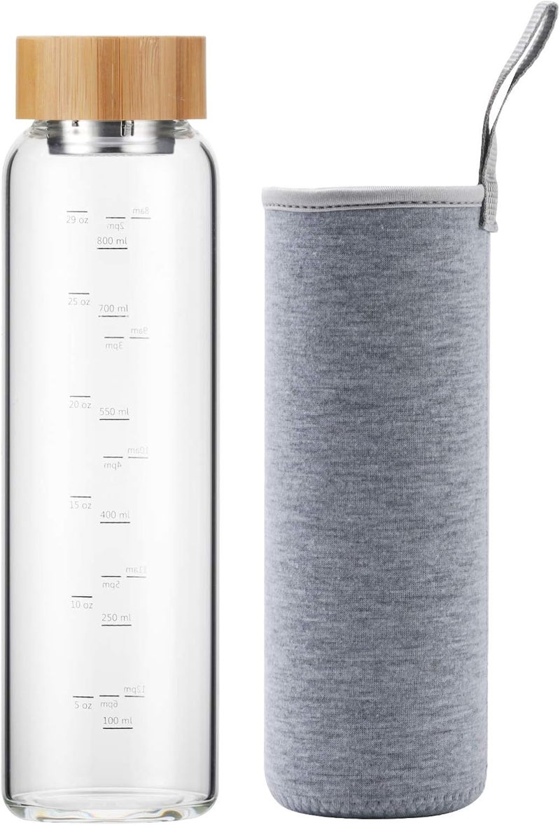 sunkey Glass Water Bottle 32 oz Wide Mouth with Sleeve Bamboo Lid Motivational Water Bottle With Time Marker Reusable Safe for Hot Cold Drinks Bpa Free Gray - Image 1