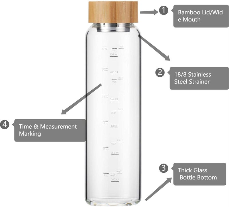 sunkey Glass Water Bottle 32 oz Wide Mouth with Sleeve Bamboo Lid Motivational Water Bottle With Time Marker Reusable Safe for Hot Cold Drinks Bpa Free Gray - Image 3