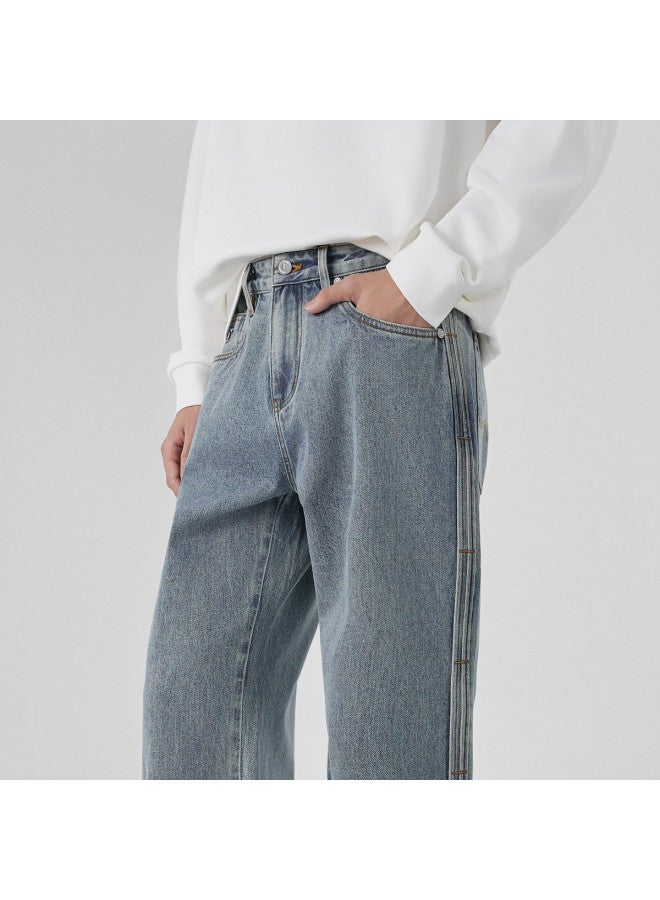 Cabbeen Men's Jeans Light Retro Bamboo Side Seam Pleat Craft 2026 Spring Drapey Denim Casual Pants - Image 3