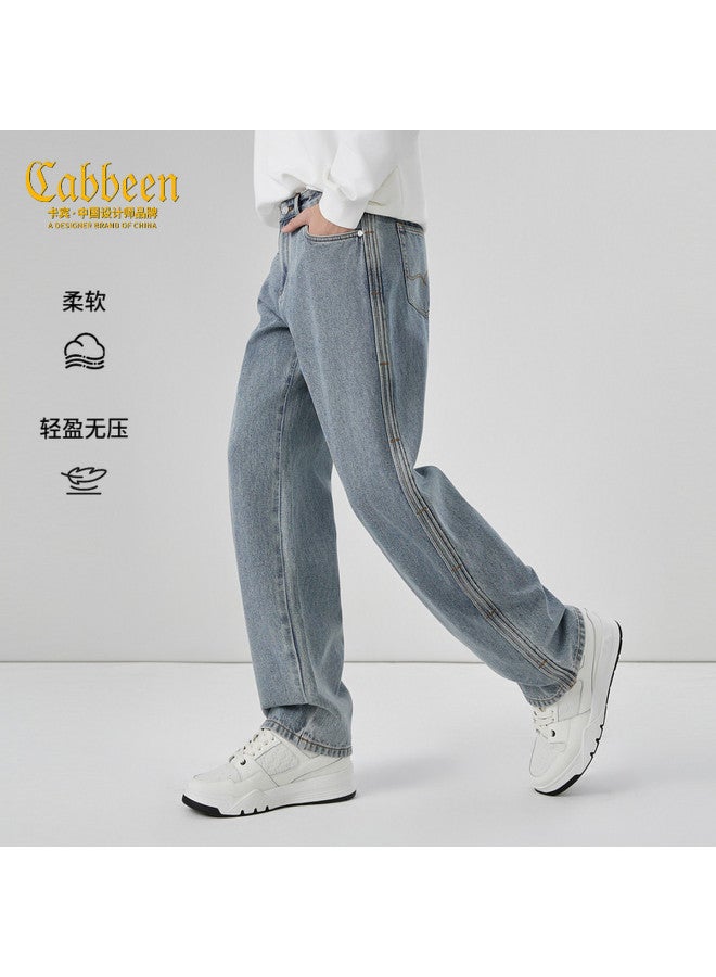 Cabbeen Men's Jeans Light Retro Bamboo Side Seam Pleat Craft 2026 Spring Drapey Denim Casual Pants - Image 2
