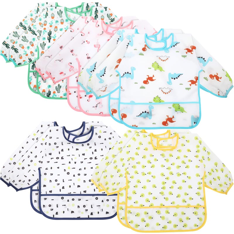 Tarpop 10 Pack Long Sleeve Bibs Infant Smocks Multi Pack Waterproof Soft Sleeved Bibs for Babies Toddler Eating Feeding (6-24 Months,Cute) - Image 1