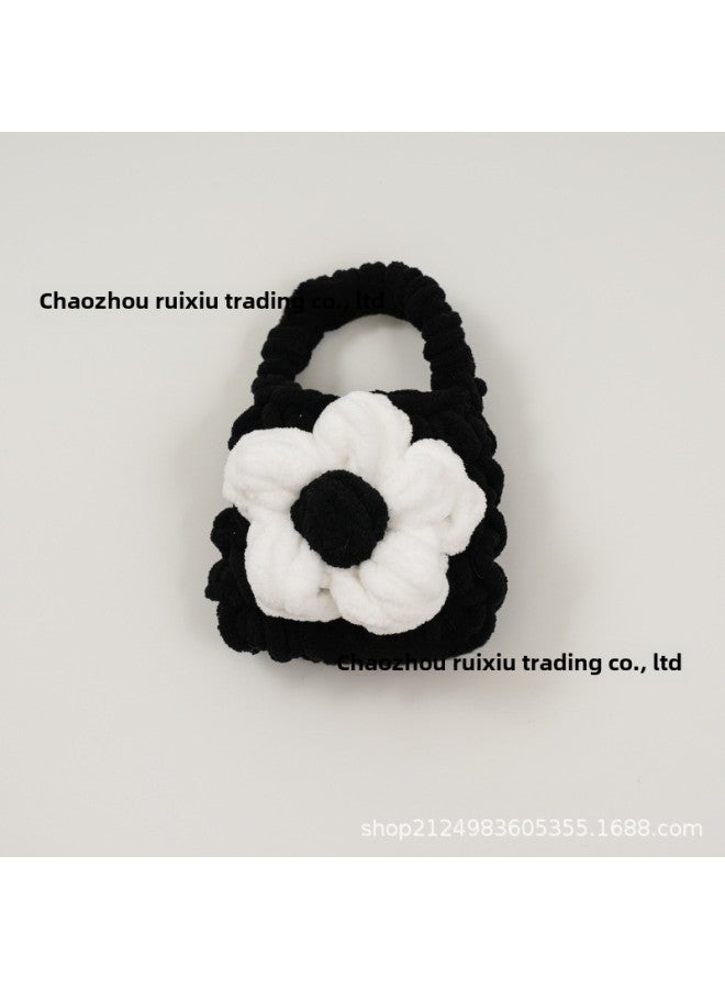 Pink Cute Cyber Red Bear Lion Wake Flower Plush Hand-woven Drop-resistant Headphone Bag Bluetooth Headphone Protective Cover Finished Product-Color:Black White Flower  - Image 1
