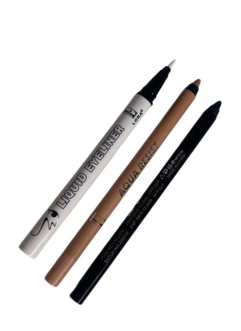 LORA Black And Beige Eyeliner And White Eyeliner Set Excellent Cream For Sparkling And Precise Eyes With Waterproof And Long Lasting Performance 3 Pieces  - Image 1