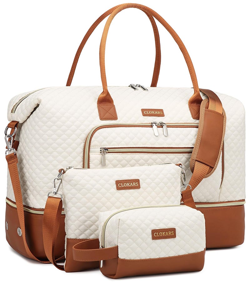 CLOKARS Weekender Bags for Women, Travel Tote Duffle Bag Carry On Overnight Bag with Cosmetics Bag and Crossbody Purse for Gym Hospital, Gifts for Women, Beige Brown - Image 1