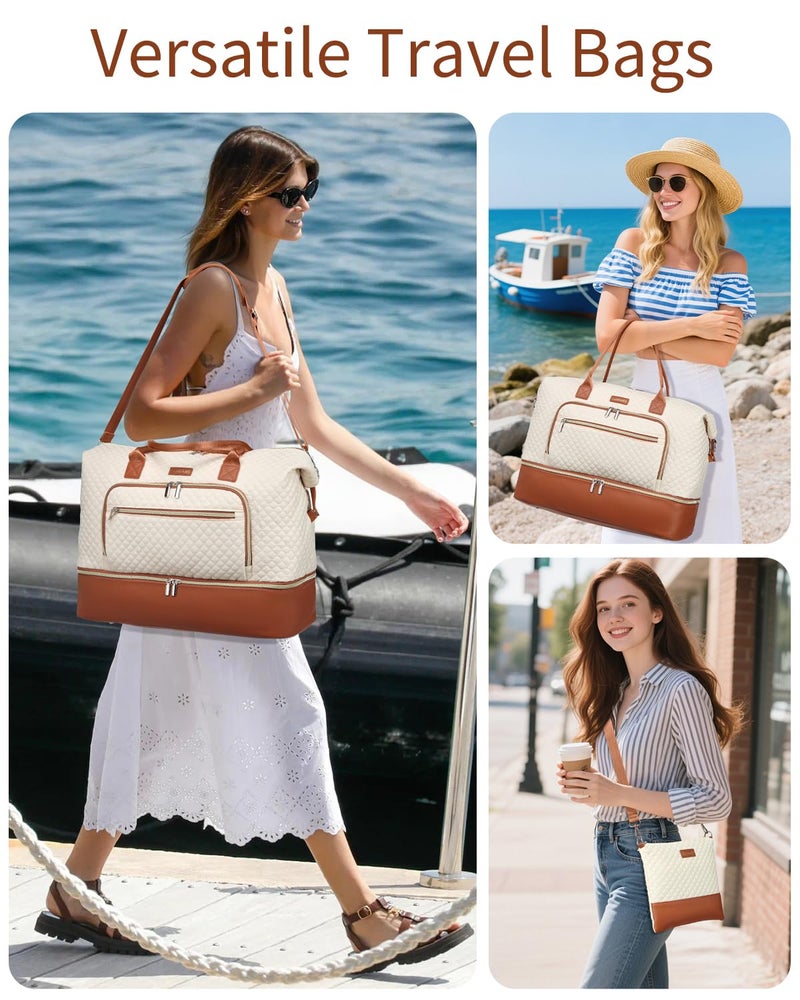 CLOKARS Weekender Bags for Women, Travel Tote Duffle Bag Carry On Overnight Bag with Cosmetics Bag and Crossbody Purse for Gym Hospital, Gifts for Women, Beige Brown - Image 2