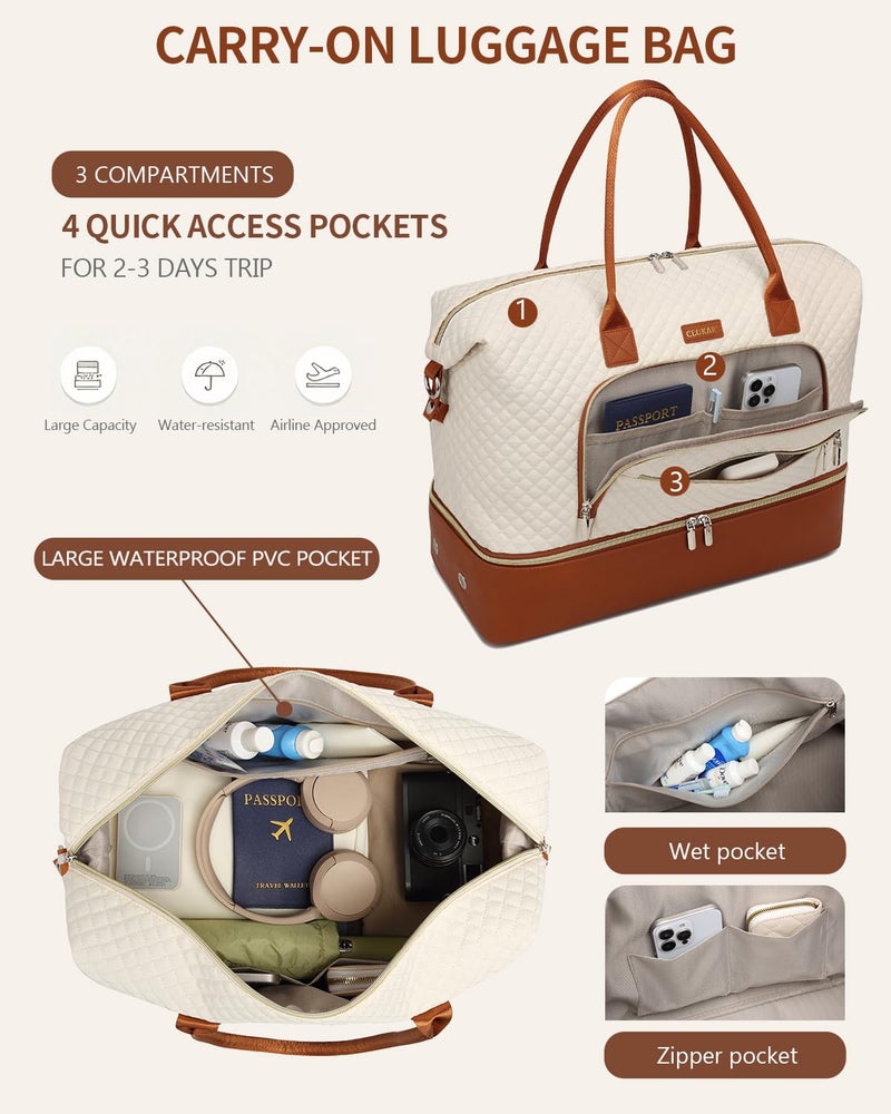 CLOKARS Weekender Bags for Women, Travel Tote Duffle Bag Carry On Overnight Bag with Cosmetics Bag and Crossbody Purse for Gym Hospital, Gifts for Women, Beige Brown - Image 5
