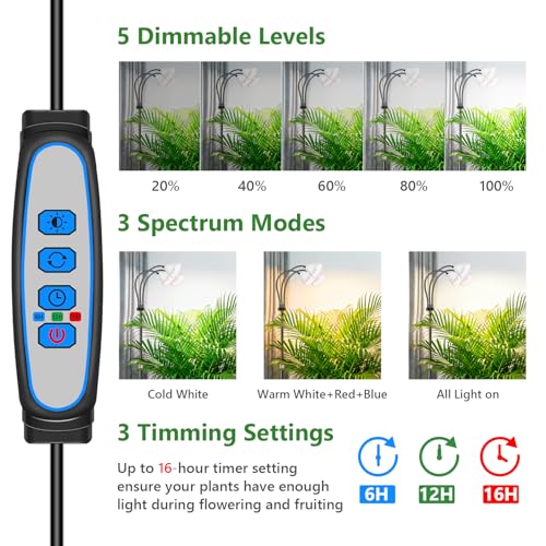 Wolezek Grow Lights for Indoor Plants with Stand, 3-Head 78 LEDs Full Spectrum Floor Plant Grow Lamp for Large Plants, Auto On/Off Timer 6/12/16H, 5 Dimmable Levels, Adjustable Height 16.5"-61" - Image 3