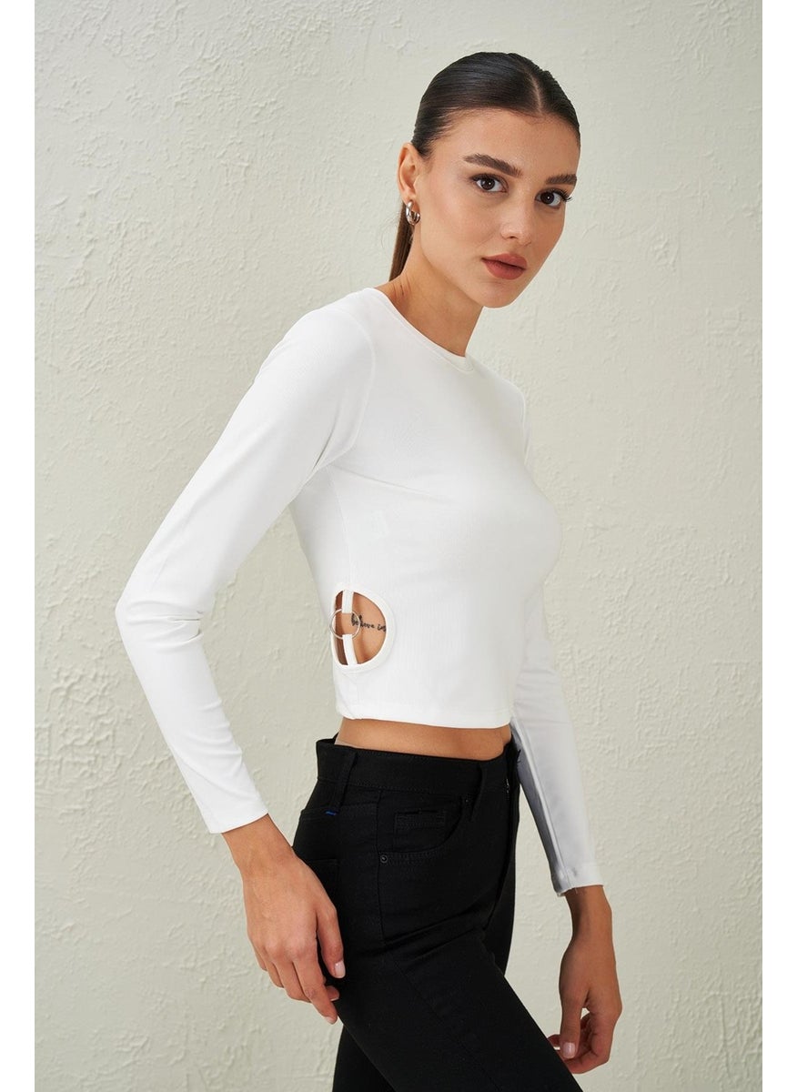 Tena Women's Ecru Crew Neck Scuba Blouse with Ring Detail on the Sides  - Image 1