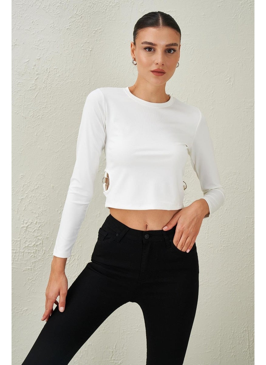 Tena Women's Ecru Crew Neck Scuba Blouse with Ring Detail on the Sides  - Image 3