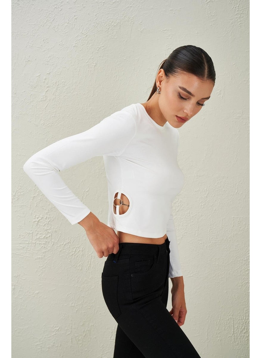 Tena Women's Ecru Crew Neck Scuba Blouse with Ring Detail on the Sides  - Image 2