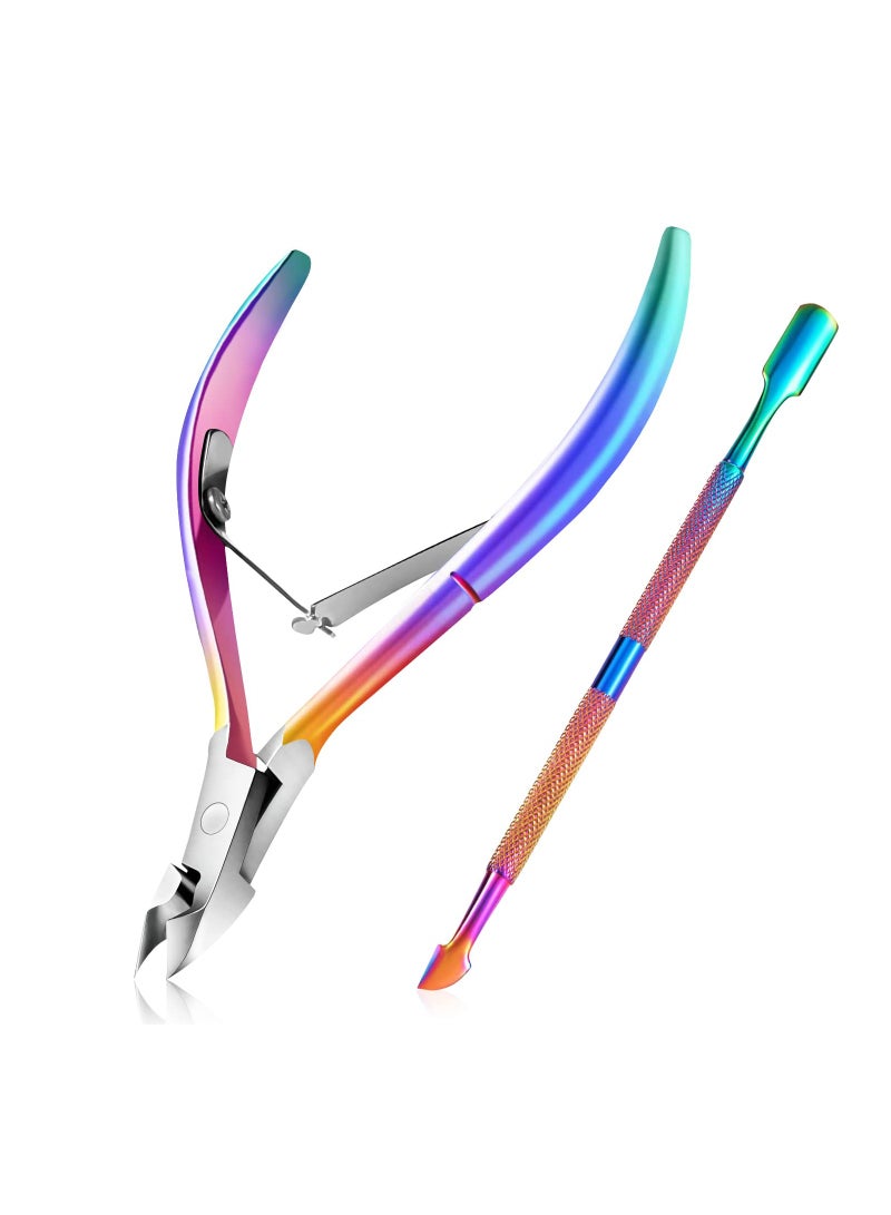 KASTWAVE Cuticle Trimmer with Cuticle Pusher, KASTWAVE Cuticle Remover Professional Stainless Steel Cuticle Cutter Nippers Rainbow Sharp Durable Pedicure Manicure Tools for Fingernails and Toenails (Rainbow) - Image 1