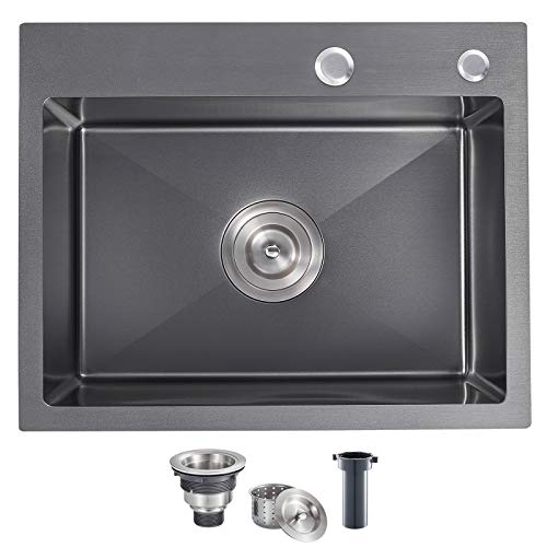 MENATT 20-inch Top-Mount Handmade Kitchen Sink, SUS304 Stainless Steel Drop in Kitchen Single Bowl Sink with Basket Strainer (Black), 20"x16"x9" - Image 1