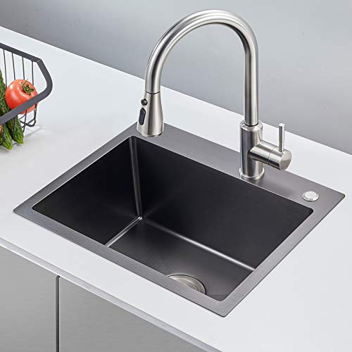 MENATT 20-inch Top-Mount Handmade Kitchen Sink, SUS304 Stainless Steel Drop in Kitchen Single Bowl Sink with Basket Strainer (Black), 20"x16"x9" - Image 2