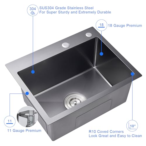 MENATT 20-inch Top-Mount Handmade Kitchen Sink, SUS304 Stainless Steel Drop in Kitchen Single Bowl Sink with Basket Strainer (Black), 20"x16"x9" - Image 4