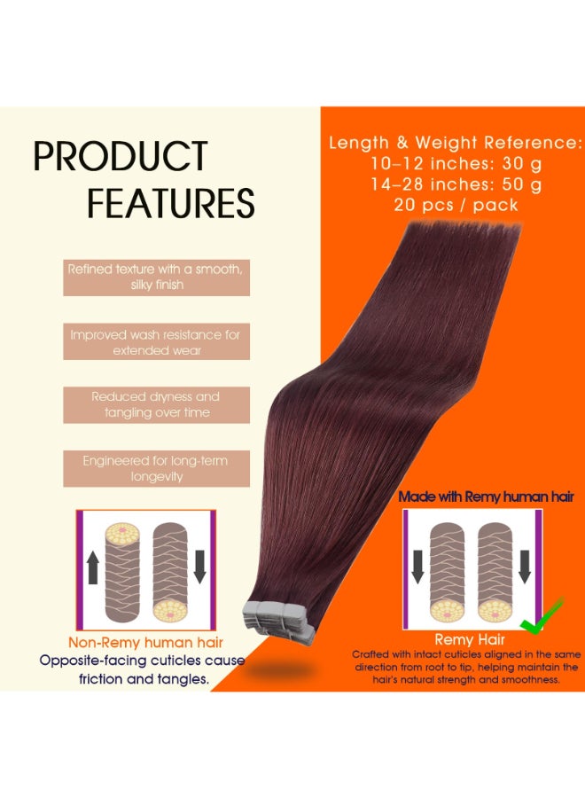Full Shine Burgundy Tape in Hair Extensions Straight 99J Wine Red Remy Adhesive Tape in Extensions Human Hair 20 Inch Invisible Seamless Skin Weft 50 Gram 20 Pcs for Wedding Add Length - Image 4