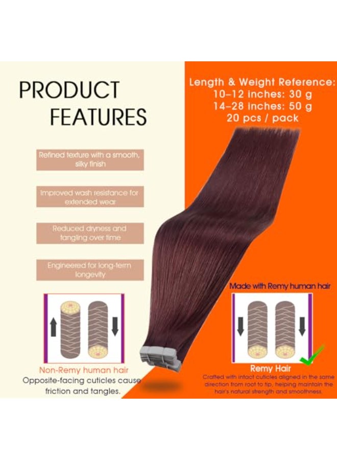 Full Shine Burgundy Tape in Hair Extensions Straight 99J Wine Red Remy Adhesive Tape in Extensions Human Hair 20 Inch Invisible Seamless Skin Weft 50 Gram 20 Pcs for Wedding Add Length - Image 3