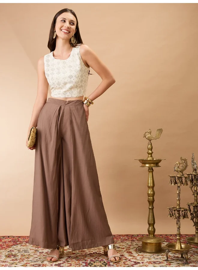 globus Globus Women Taupe Solid Mid-Rise Pleated Wide Leg Flared Fusion Trousers