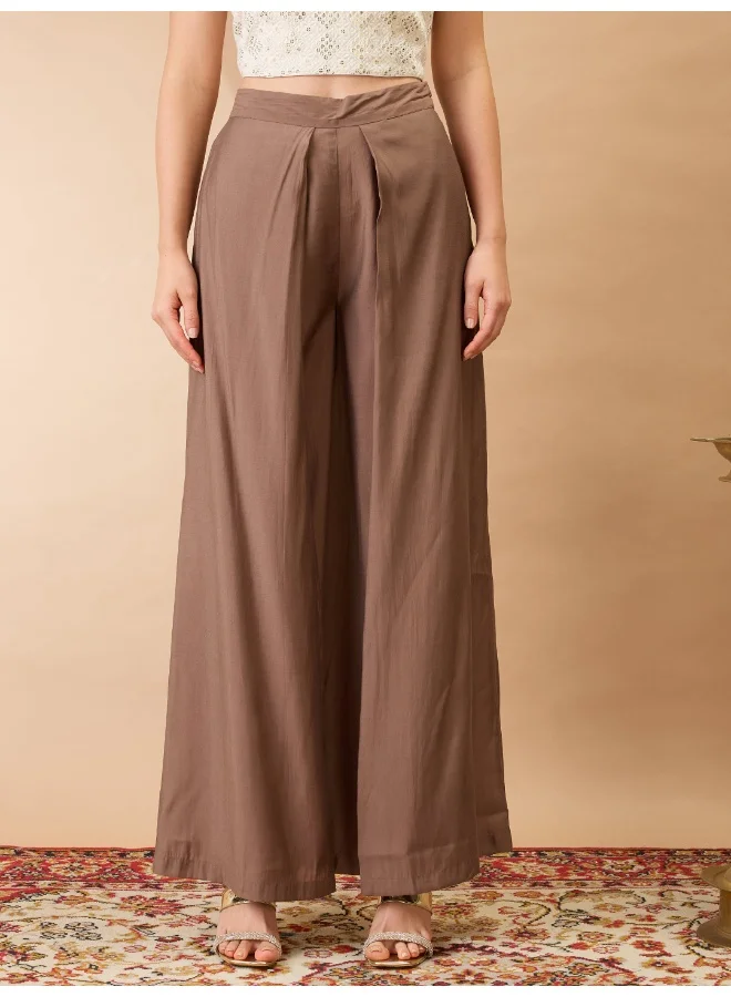 globus Globus Women Taupe Solid Mid-Rise Pleated Wide Leg Flared Fusion Trousers