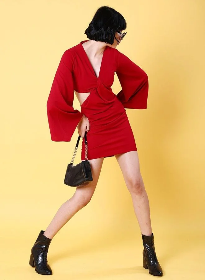 Freehand  Women Regular Fit Solid V-Neck Long Sleeve Knot Dress for Women | Best Price UAE