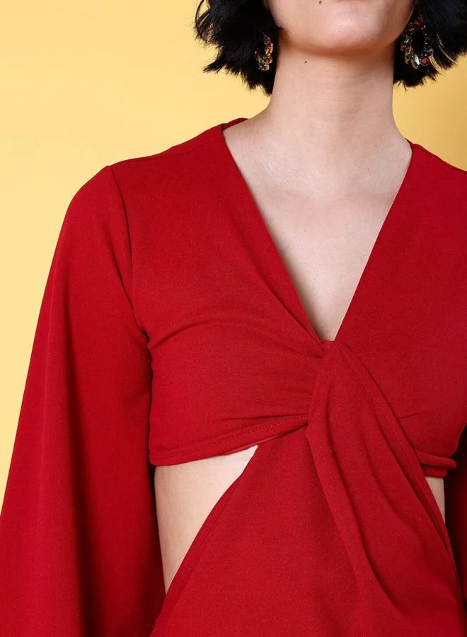 Freehand  Women Regular Fit Solid V-Neck Long Sleeve Knot Dress for Women | Best Price UAE