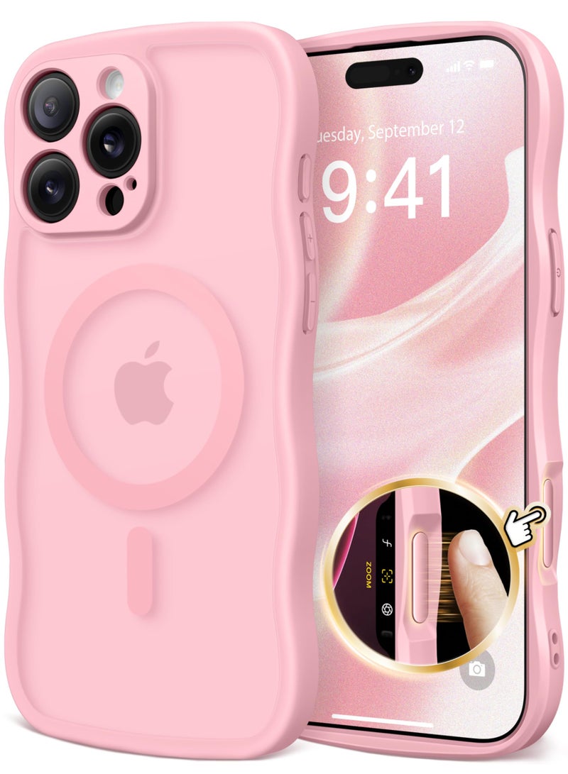 كبرارو جراب لهاتف iPhone 16 Pro للنساء والفتيات، مُحسّن [حماية كاملة للكاميرا] [متوافق مع MagSafe] جراب هاتف شفاف غير لامع لطيف متموج لهاتف iPhone 16 Pro، وردي خوخي - Image 1