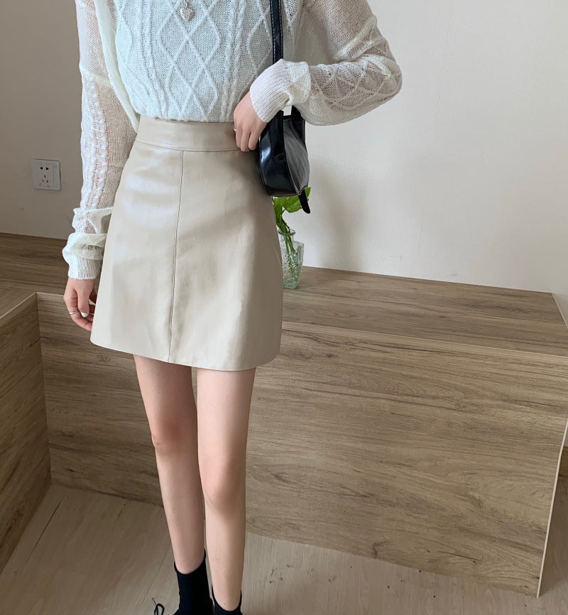 Autumn and Winter New Black Hip Covering Short Skirt PU Leather Skirt A- Line Skirt Womens Small High Waist Slimming Hip Skirt Lace - Image 5