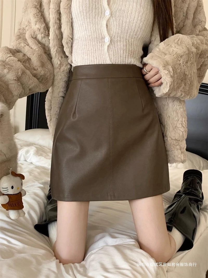 Autumn and Winter New Black Hip Covering Short Skirt PU Leather Skirt A- Line Skirt Womens Small High Waist Slimming Hip Skirt Lace - Image 4