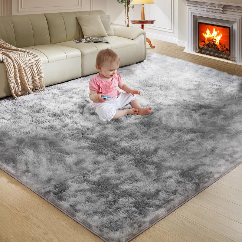 Fairblink 5X8 Ultra Soft Rug for Living Room, 5X8 Fluffy Shag Area Rug for Bedroom, Modern Shaggy Carpets Fuzzy Rug for Teens Dorm Nursery Home Decor Aesthetic, Upgrade Anti-Skid Durable, Tie-Dyed Light Grey - Image 1