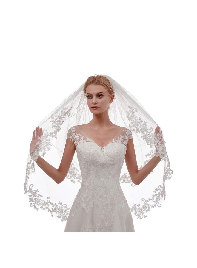 طرحة زفاف نسائية قصيرة من طبقتين مع مشط (المقاس: B) - Image 4