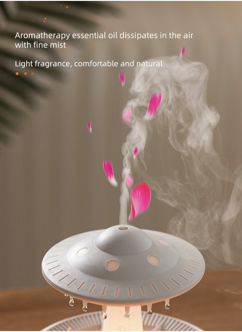Multi-Functional Rain Cloud Aromatherapy Humidifier: 7-Color LED Night Light, Natural Rain Sound Machine, UFO Design Essential Oil Diffuser, Sleep Aid, Perfect for Home and Office Use