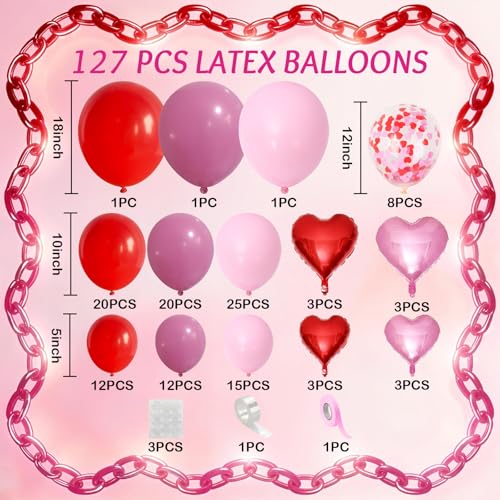 Govpy Valentines Day Balloons Garland Arch Kit 127Pcs Pink Red Rose Red Balloon with Red Pink Heart Foil Balloon for Valentines Day Galentines Mothers Day Wedding Engagement Anniversary Party Decoration - Image 5