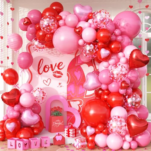 Govpy Valentines Day Balloons Garland Arch Kit 127Pcs Pink Red Rose Red Balloon with Red Pink Heart Foil Balloon for Valentines Day Galentines Mothers Day Wedding Engagement Anniversary Party Decoration - Image 1