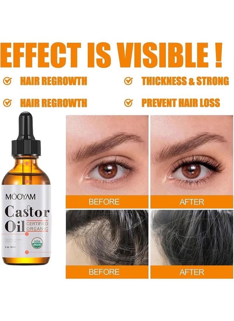 MOOYAM - Organic Castor Oil, USDA Certified Organic, 100% Pure, Cold Pressed, Hexane Free, Stimulates Eyelash, Eyebrow and Hair Growth, Skin Moisturizer and Degreaser - 60ml - Image 1