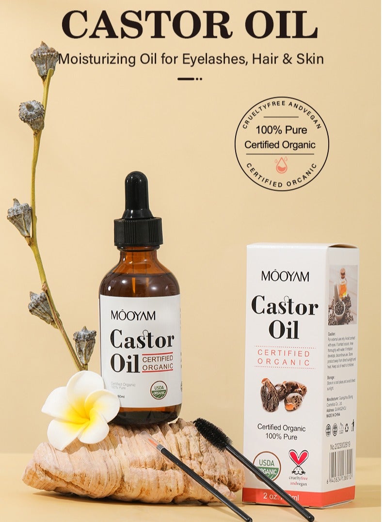 MOOYAM Organic Castor Oil, USDA Certified Organic, 100% Pure, Cold Pressed, Hexane Free, Stimulates Eyelash, Eyebrow and Hair Growth, Skin Moisturizer and Degreaser - 60ml - Image 2