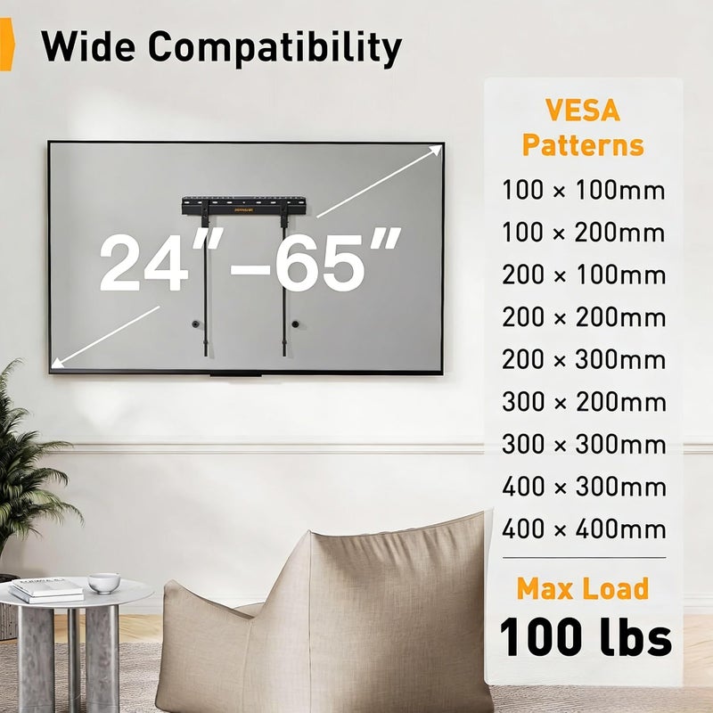 Perlegear No Drill TV Wall Mount for Most 24-65 Inch TVs up to 100 lbs, Studless TV Mount, Drywall TV Bracket with Max VESA 400x400mm, No Stud, Easy Install, Low Profile, PGMT7 - Image 2