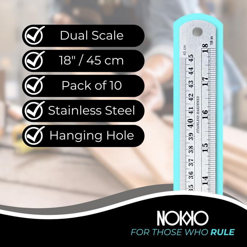 NOKKO Metal Ruler 18 Inch - Pack of 10 - Stainless Steel Ruler Set with Straight Edge Rulers - Precise Metric & Imperial Measurements - Ideal for School, Office, Woodworking & Craft Projects - Image 2