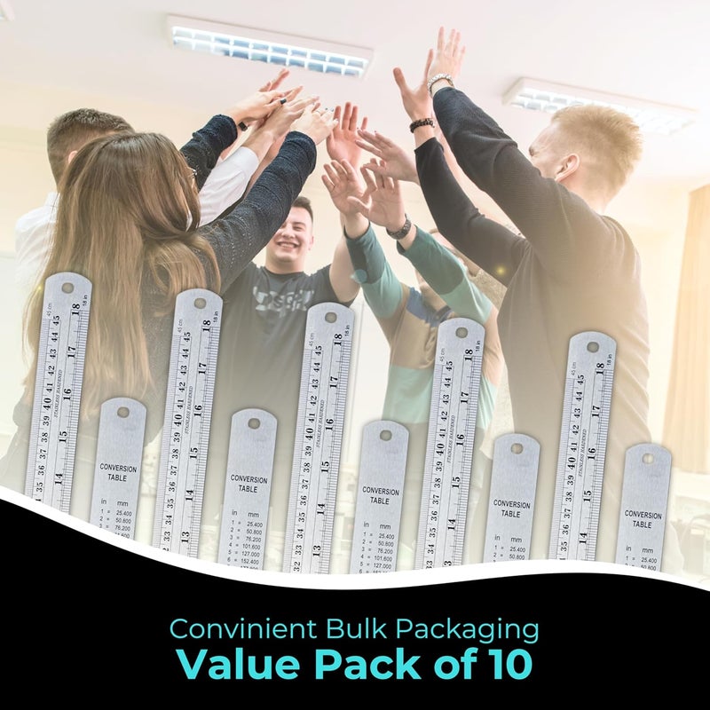 NOKKO Metal Ruler 18 Inch - Pack of 10 - Stainless Steel Ruler Set with Straight Edge Rulers - Precise Metric & Imperial Measurements - Ideal for School, Office, Woodworking & Craft Projects - Image 5