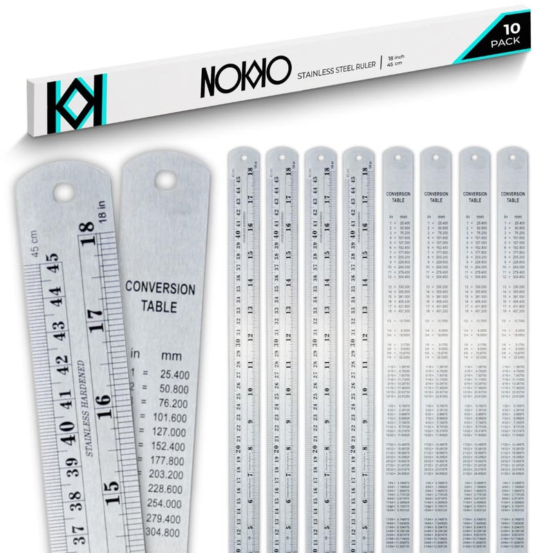 NOKKO Metal Ruler 18 Inch - Pack of 10 - Stainless Steel Ruler Set with Straight Edge Rulers - Precise Metric & Imperial Measurements - Ideal for School, Office, Woodworking & Craft Projects - Image 1