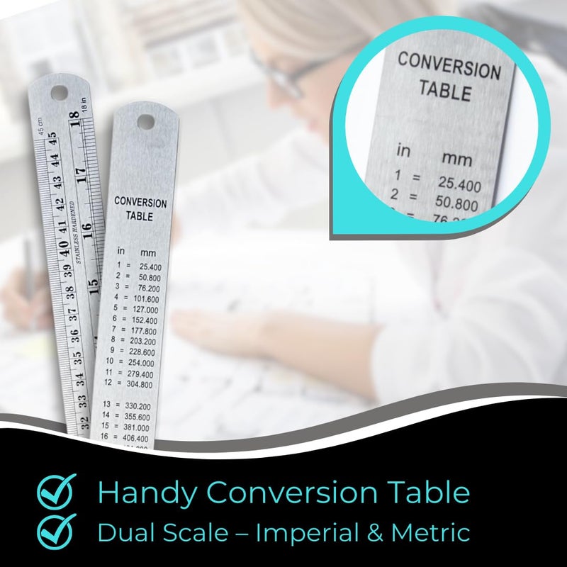 NOKKO Metal Ruler 18 Inch - Pack of 10 - Stainless Steel Ruler Set with Straight Edge Rulers - Precise Metric & Imperial Measurements - Ideal for School, Office, Woodworking & Craft Projects - Image 4