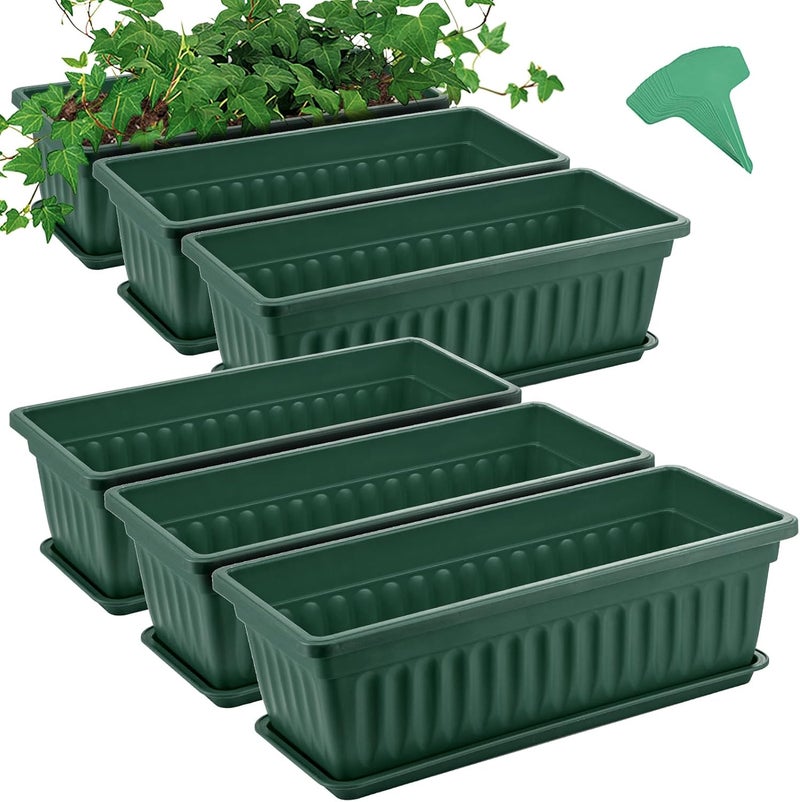 GROWNEER 6 Packs 17 Inches Green Flower Window Box Plastic Vegetable Planters Long Pots with 15 Pcs Plant Labels for Outdoor Indoor Windowsill Patio Garden Home Decor Porch - Image 1