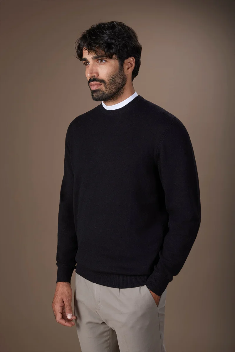 Doppelganger Men's regular fit crew neck jumper in wool and cotton - Black