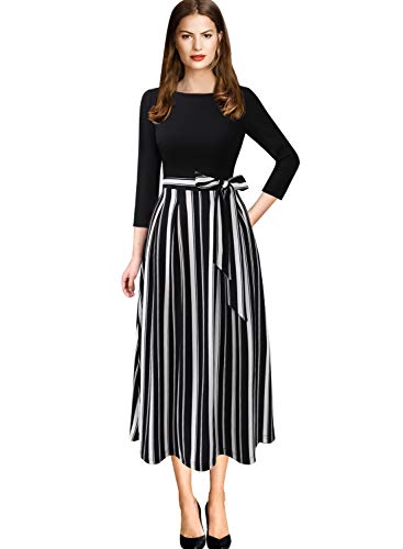 VFSHOW Womens Black and White Striped Print Spring Fall Elegant Patchwork Pockets Belted Work Business Office Casual Party Pleated A-Line Midi Dress 3733 STP BLK L - Image 2
