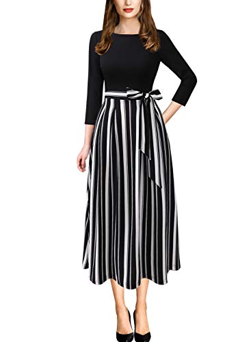 VFSHOW Womens Black and White Striped Print Spring Fall Elegant Patchwork Pockets Belted Work Business Office Casual Party Pleated A-Line Midi Dress 3733 STP BLK L - Image 1