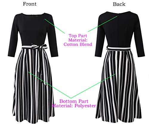 VFSHOW Womens Black and White Striped Print Spring Fall Elegant Patchwork Pockets Belted Work Business Office Casual Party Pleated A-Line Midi Dress 3733 STP BLK L - Image 4