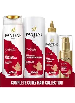 Pantene Pro-V Curlastic Curly Hair Sulfate-Free Shampoo 400ml + Deep Moisturizing Conditioner 360ml + Defining & Anti-Frizz Leave-On Cream 270ml + Curl Revival Serum for Non-Wash Days 145ml